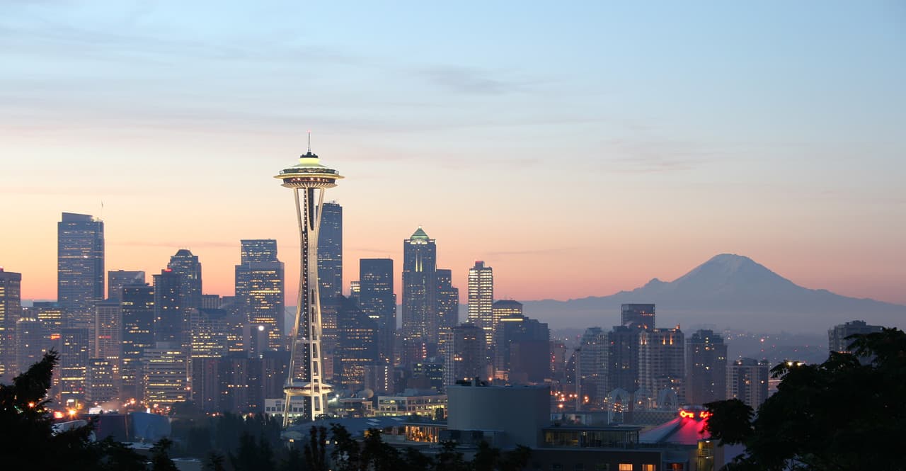 The Seattle skyline and Space Needle with Mount Rainier in the distance